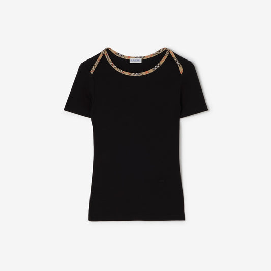 Check Trim Stretch Cotton T-shirt