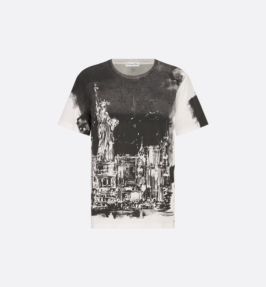 Black and White Cotton and Linen Jersey with New York Motif T-Shirt