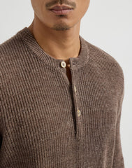 Cotton And Linen Half English Rib Knit Sweater With Henley Collar