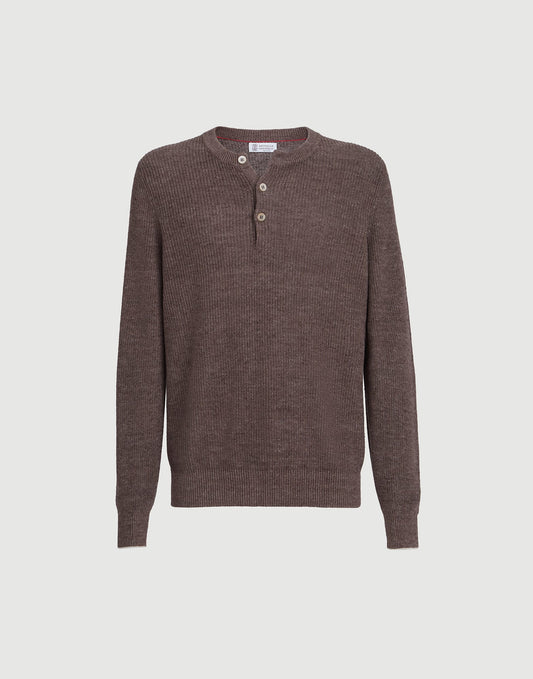 Cotton And Linen Half English Rib Knit Sweater With Henley Collar
