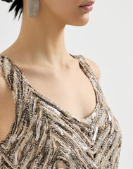 Dazzling Chevron Embroidery Mini Dress In Paper Yarn, Linen And Silk