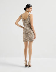 Dazzling Chevron Embroidery Mini Dress In Paper Yarn, Linen And Silk