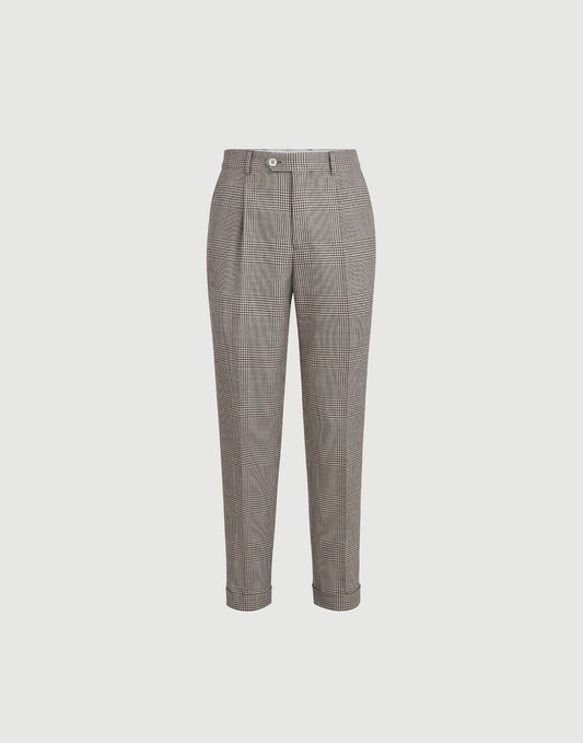 Virgin Wool, Silk And Linen Prince Of Wales Trousers With Pleat