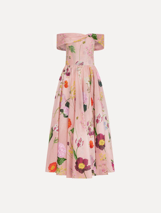 Mixed Botanical Off-shoulder Dress