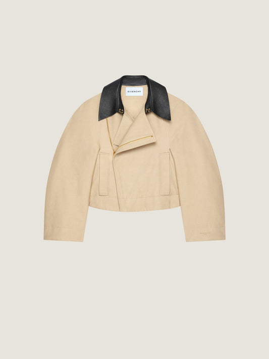 Cropped Peacoat With Leather Collar In Cotton And Wool