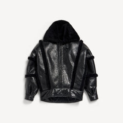 Men's High Collar Leather Jacket With Shearling Details And Lining In Black