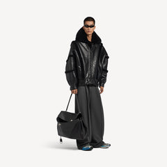 Men's High Collar Leather Jacket With Shearling Details And Lining In Black