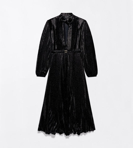 Silk Charmeuse Lurex Belted Plissé Soleil Lavalliere Dress