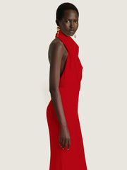 Long Draped Halterneck Dress In Satin Crepe