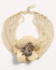 Fleur Lumineuse Necklace In Metal, Enamel, Pearls And Fabric