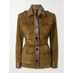Belted leather-trimmed suede jacket