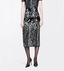 Lynx Jacquard Velvet Pencil Skirt With Front Slit