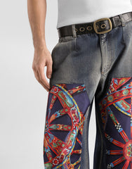 Cotton Denim Trousers With Carretto-print Applications