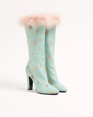 Hotty Boot In Chiné Fabric With Floral And Polka-Dot Pattern And Feathers 100MM