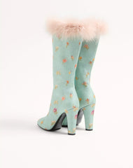 Hotty Boot In Chiné Fabric With Floral And Polka-Dot Pattern And Feathers 100MM