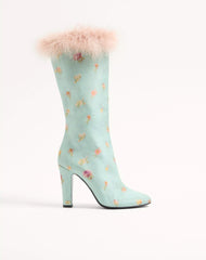 Hotty Boot In Chiné Fabric With Floral And Polka-Dot Pattern And Feathers 100MM