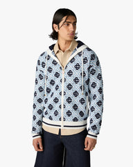 Blue Merino Monogram Zip‑up Hooded Sweatshirt