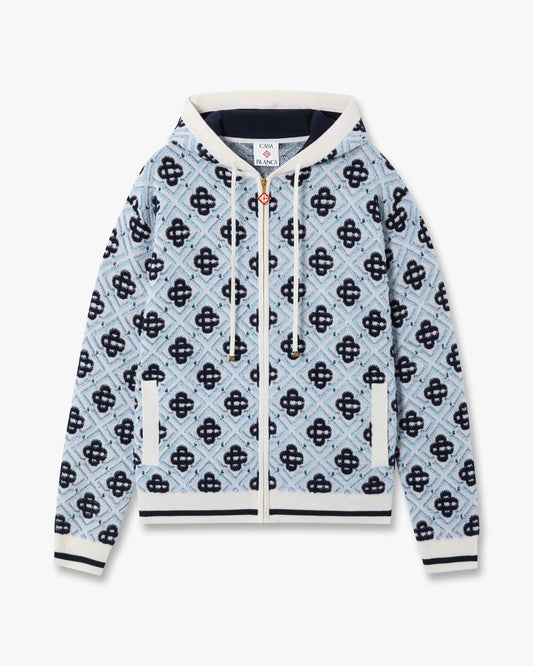 Blue Merino Monogram Zip‑up Hooded Sweatshirt