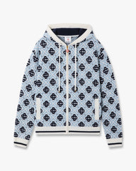 Blue Merino Monogram Zip‑up Hooded Sweatshirt