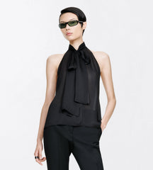 Tf Monogram Silk Chiffon Halterneck Lavalliere Top With Open Back
