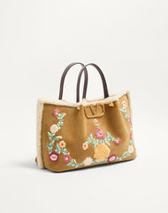 Valentino Garavani Medium Shopping Bag In Embroidered Suede With Sheepskin Lining
