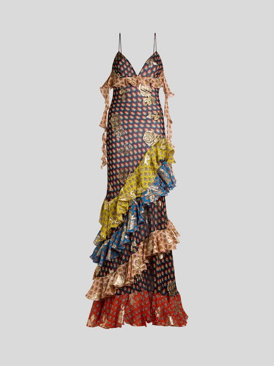 Long Silk Dress With Fil Coupé Roses And Tie-inspired Motif