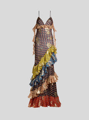 Long Silk Dress With Fil Coupé Roses And Tie-inspired Motif