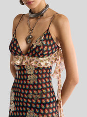 Long Silk Dress With Fil Coupé Roses And Tie-inspired Motif