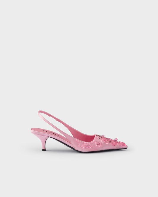 Embroidered Satin Slingback Pumps