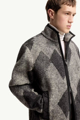Diamond Pattern Wool Blend Zip-Up Cardigan