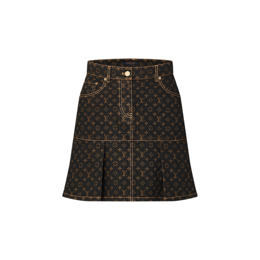 Monogram Denim Pleated Skirt