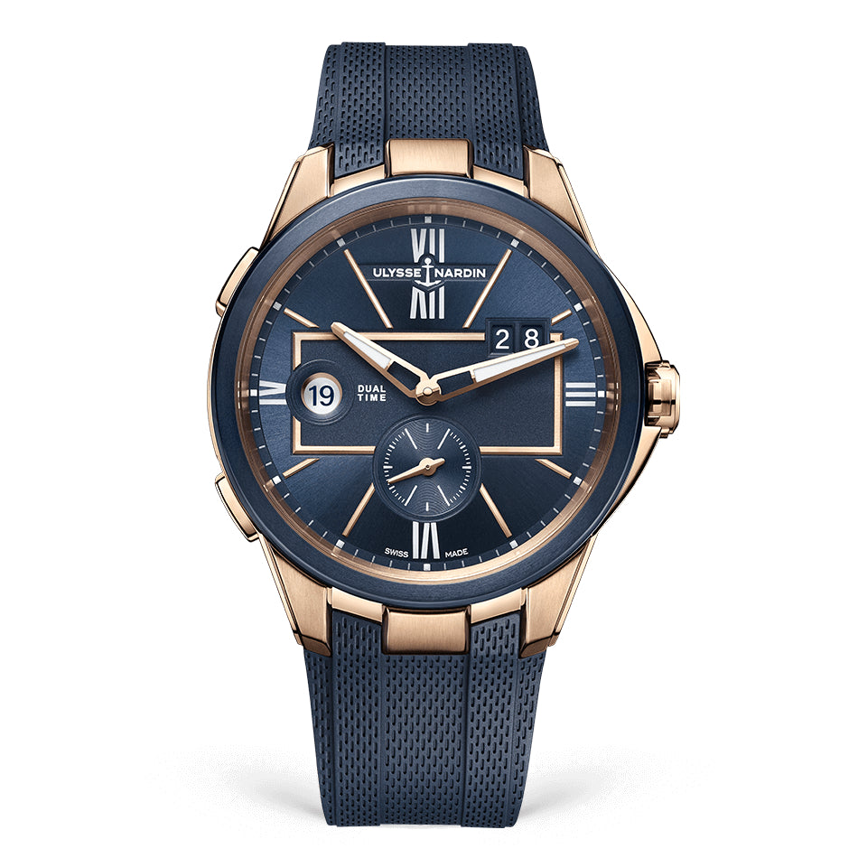 Ulysse Nardin - Executive Dual Time Gold Blue - Rubber Strap - 42mm