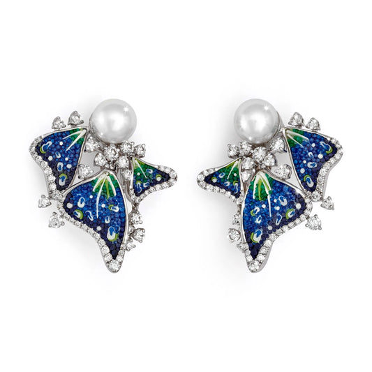 Earrings made of white gold, with micromosaic, diamonds and South Sea pearls