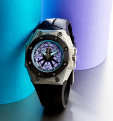 Oktopus Blue Sea is clean and monochromatic, with a subtle dial and clean facets on the milky white Alloy Linde Werdelin (ALW) case