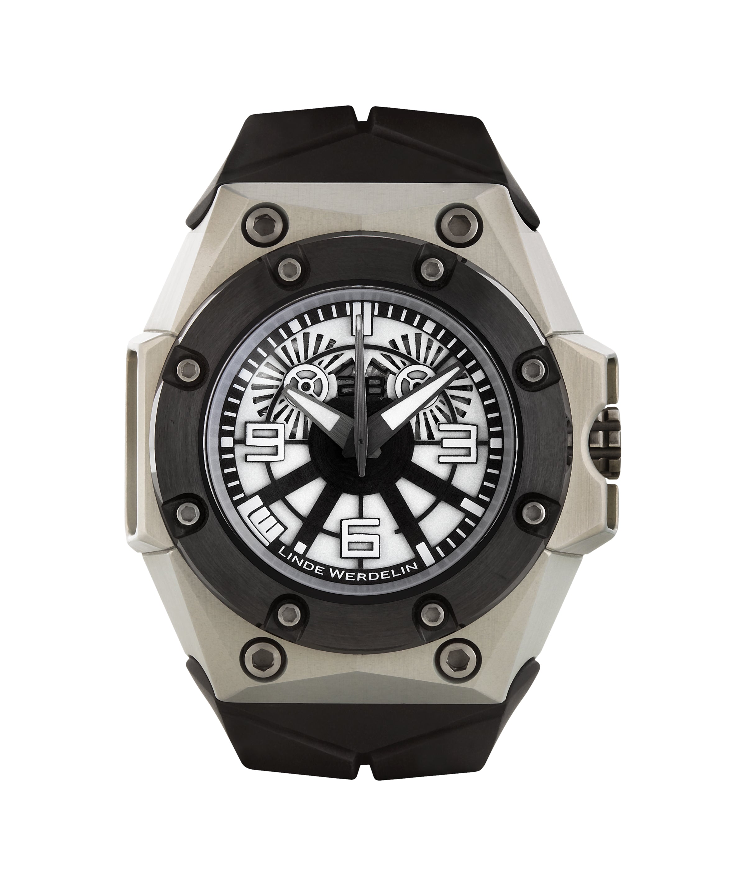 Oktopus Blue Sea is clean and monochromatic, with a subtle dial and clean facets on the milky white Alloy Linde Werdelin (ALW) case