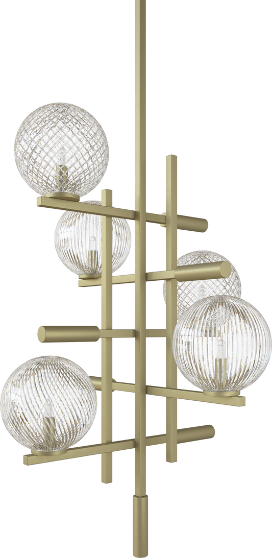Ceiling Lamp metal frame Champagne Finish Murano Glass spheres and decorative insert in Leather