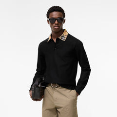 Long-sleeve Check Collar Cotton Polo Shirt