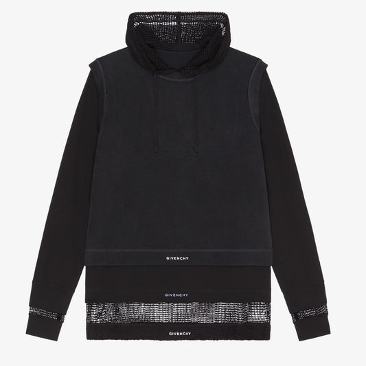 Overlapped hooded t-shirt in cotton and mesh