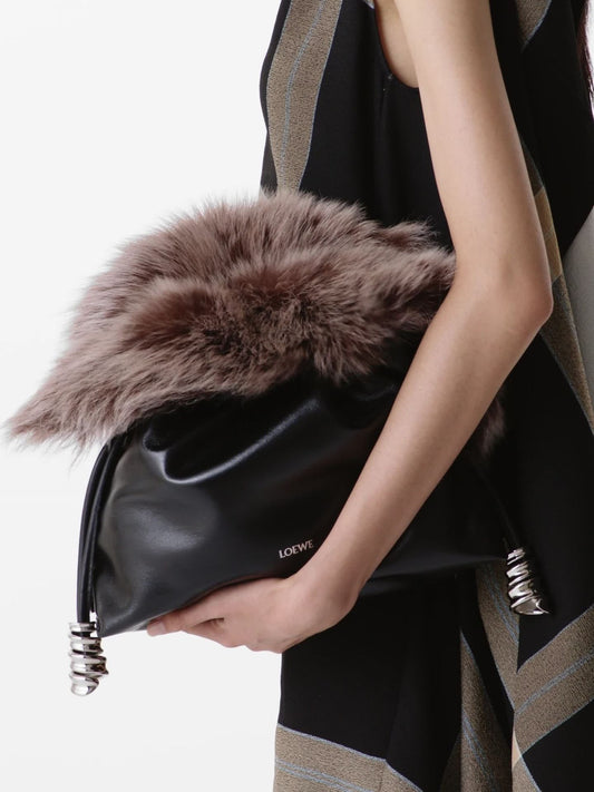 Medium Flamenco Clutch In Glossy Lambskin And Shearling
