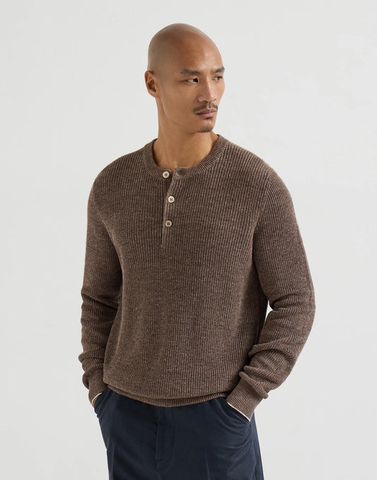 Cotton And Linen Half English Rib Knit Sweater With Henley Collar
