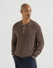 Cotton And Linen Half English Rib Knit Sweater With Henley Collar