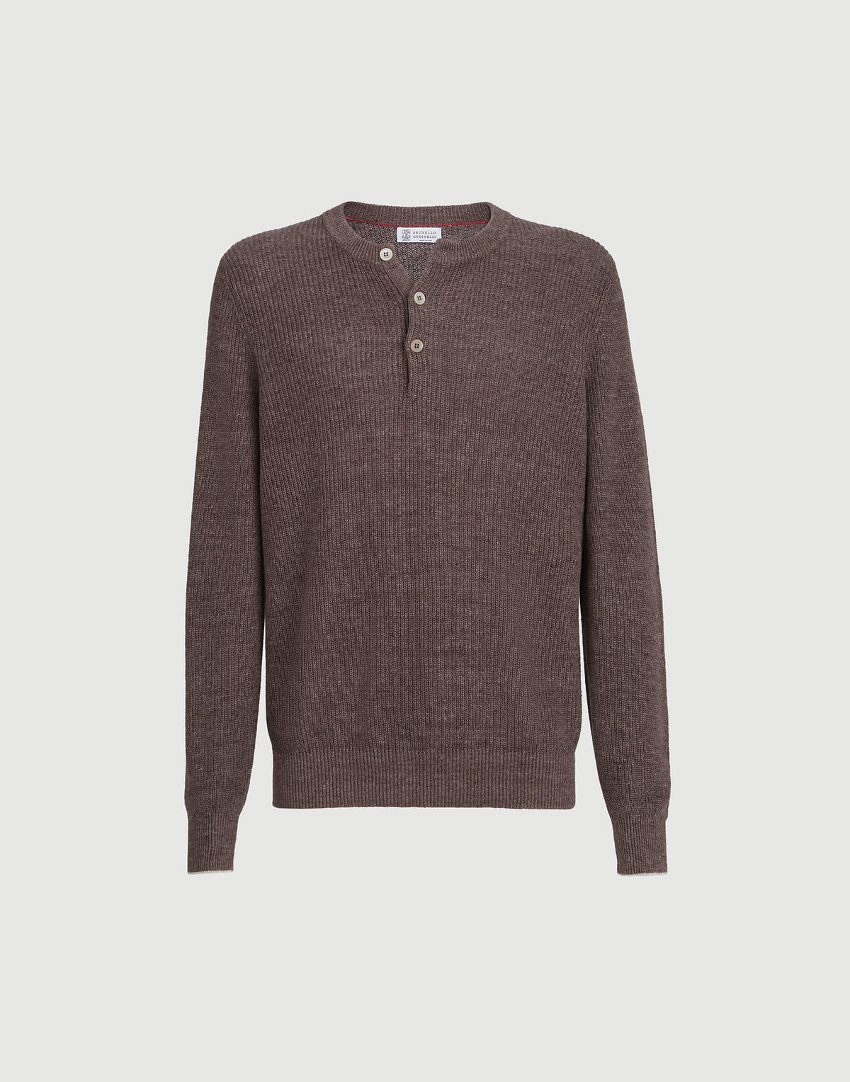 Cotton And Linen Half English Rib Knit Sweater With Henley Collar
