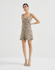 Dazzling Chevron Embroidery Mini Dress In Paper Yarn, Linen And Silk