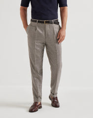 Virgin Wool, Silk And Linen Prince Of Wales Trousers With Pleat