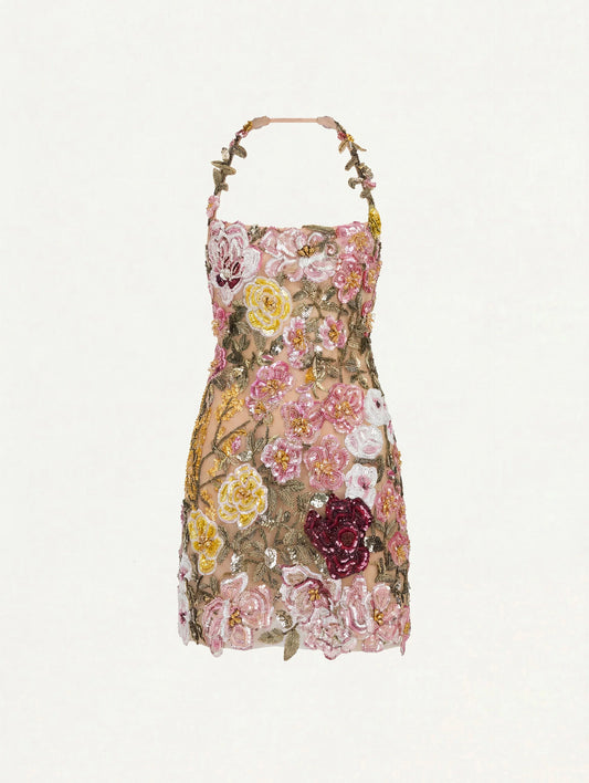 Beaded Mixed Botanical Embroidered Cocktail Dress
