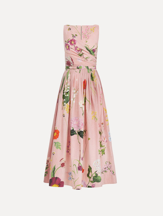Mixed Botanical Cotton Poplin Draped Dress