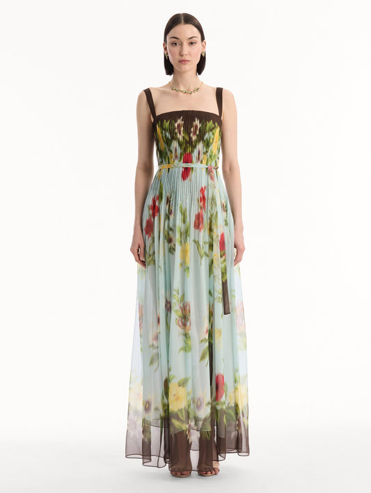 Dominican Mixed-Floral Silk Chiffon Gown