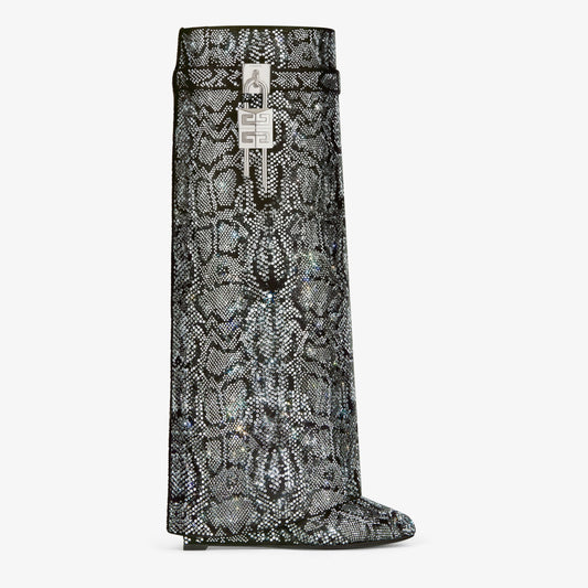 Shark Lock boots in satin with python effect strass