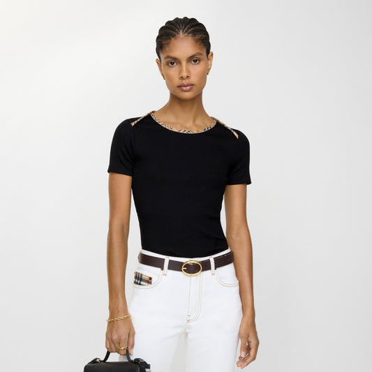 Check Trim Stretch Cotton T-shirt