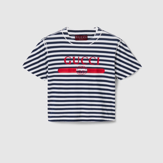 Striped Cotton Jersey T-shirt With Gucci Print